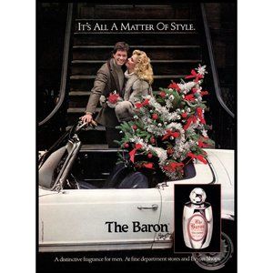1987 The Baron Cologne Christmas Tree Mercedes Convertible Vintage Print Ad Art